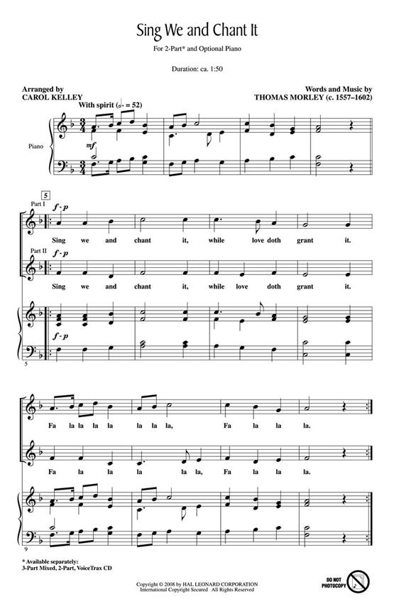 MORLEY THOMAS SING WE AND CHANT IT (KELLEY CAROL) 2PT OPT A CAPPELLA