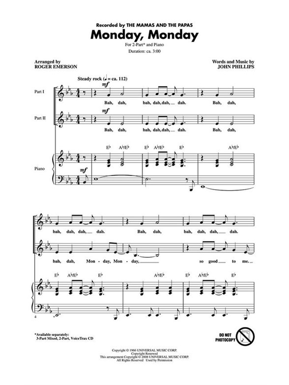 THE MAMAS AND THE PAPAS MONDAY MONDAY (ARR EMERSON ROGER) 2 PART CHOR