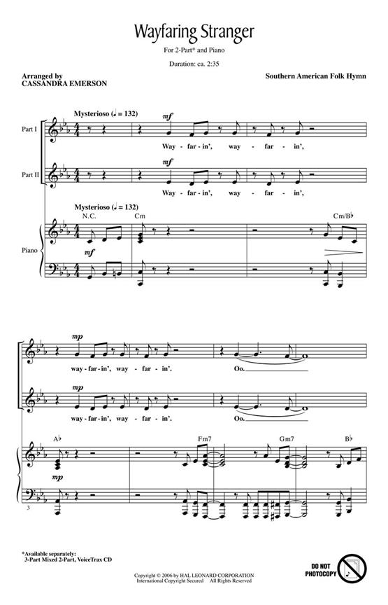 WAYFARING STRANGER (ARR EMERSON CASSANDRA) 2 PART CHORAL