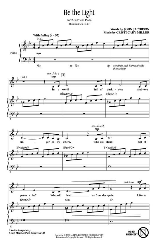 Miller Cristi Cary/Jacobson John Be The Light 2 Part Choral