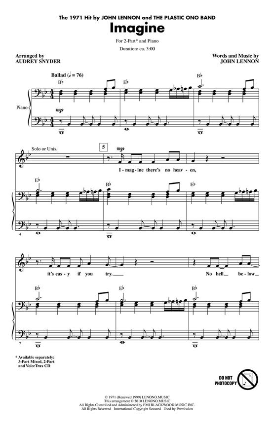 Lennon John Imagine (Arr Snyder Audrey) 2 Part Choral