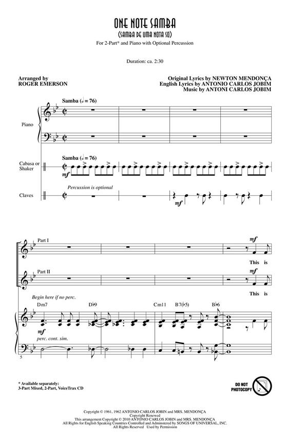 JOBIM ANTONIO CARLOS ONE NOTE SAMBA (EMERSON ROGER) 2 PART CHORAL