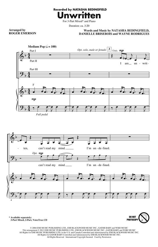 Bedingfield Natasha Unwritten (Arr Emerson Roger) Voicetrax Cd