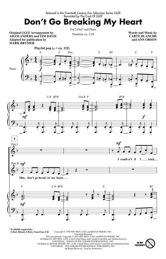 DON'T GO BREAKING MY HEART (BRYMER MARK) 2 PART CHORAL