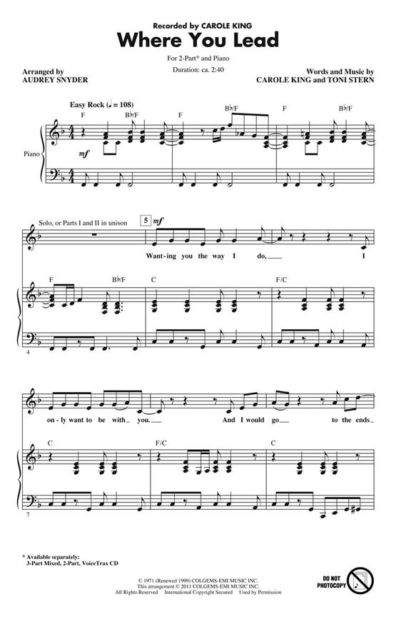 KING CAROLE WHERE YOU LEAD (SNYDER AUDREY) 2 PART CHORAL