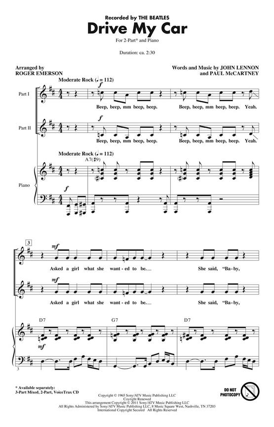 THE BEATLES DRIVE MY CAR (EMERSON ROGER) 2 PART CHORAL