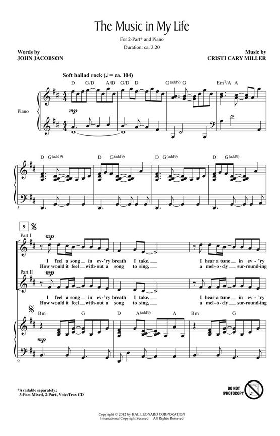 MILLER CRISTI CARY/JACOBSON JOHN THE MUSIC IN MY LIFE 2 PART CHORAL