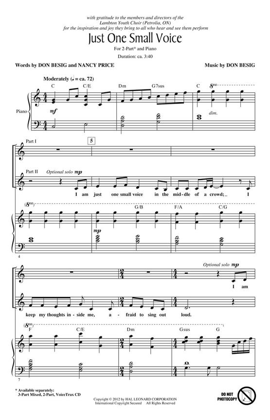 BESIG DON/PRICE NANCY JUST ONE SMALL VOICE 2 PART CHORAL
