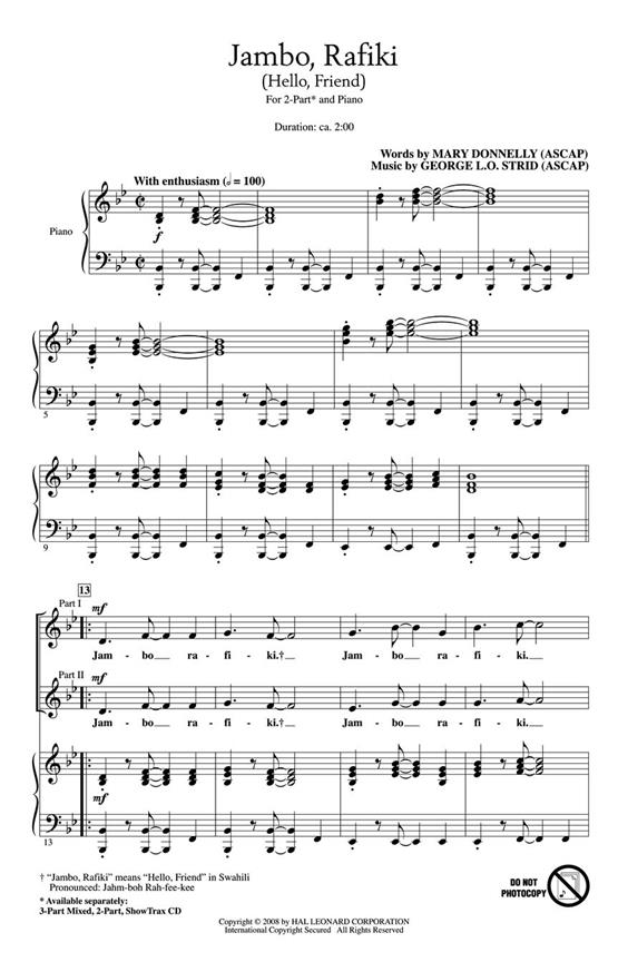 GEORGE L.O. STRID & MARY DONNELLY JAMBO RAFIKI (HELLO FRIEND) 2PT CHOR