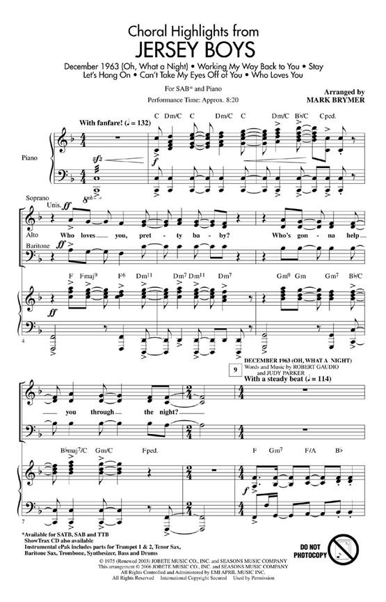 JERSEY BOYS CHORAL HIGHLIGHTS (ARR BRYMER MARK) SAB CHORAL