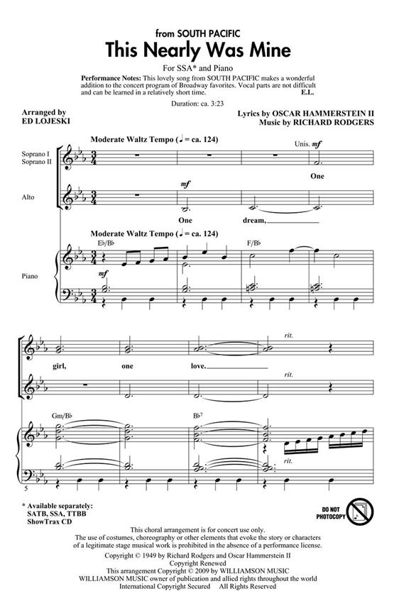 HAMMERSTEIN/RODGERS THIS NEARLY WAS MINE FROM SOUTH PACIFIC SSA CHORAL