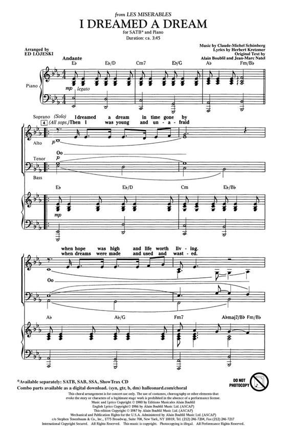 BOUBLIL/SCHONBERG I DREAMED A DREAM (ARR LOJESKI ED) SHOWTRAX CD