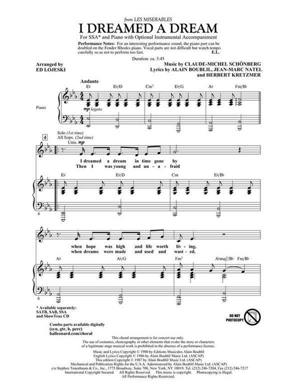 BOUBLIL/SCHONBERG I DREAMED A DREAM LES MISERABLES (LOJESKI) SSA CHOR
