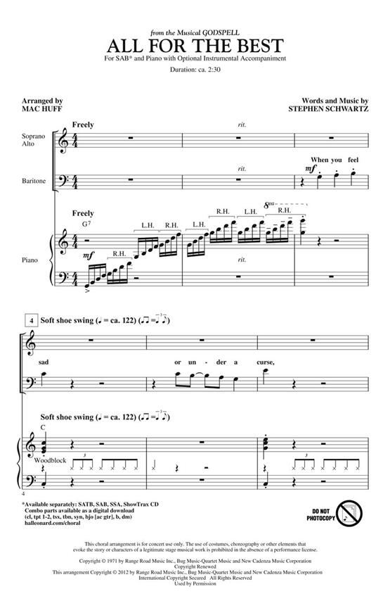 Schwartz Stephen All For The Best From Godspell (Huff Mac) Sab Choral
