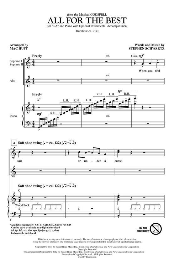 Schwartz Stephen All For The Best From Godspell (Huff Mac) Ssa Choral
