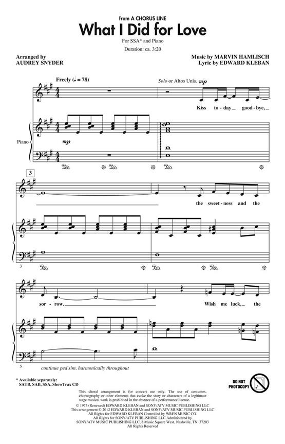 HAMLISCH MARVIN WHAT I DID FOR LOVE (ARR SNYDER AUDREY) SSA CHORAL