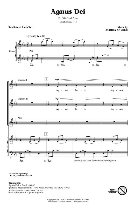 Snyder Audrey Agnus Dei Ssa Choral