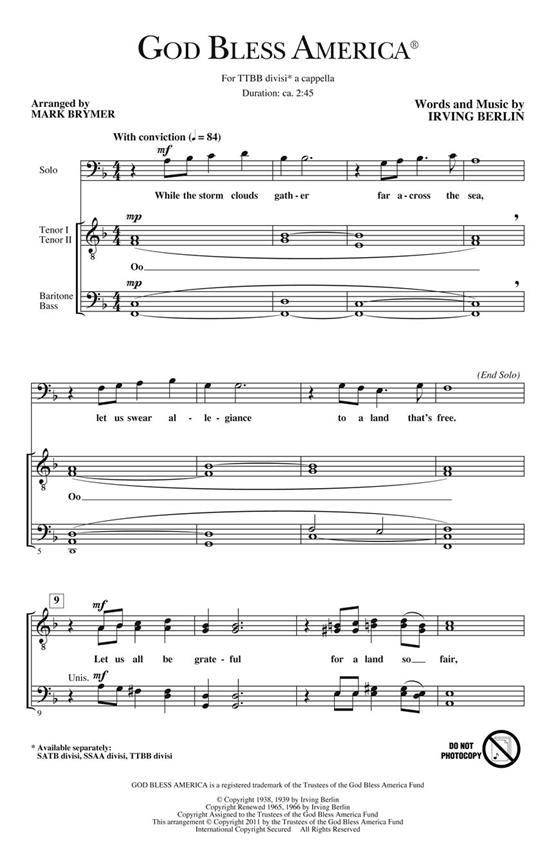 BERLIN IRVING GOD BLESS AMERICA (BRYMER MARK) TTBB DIV A CAPPELLA CHOR