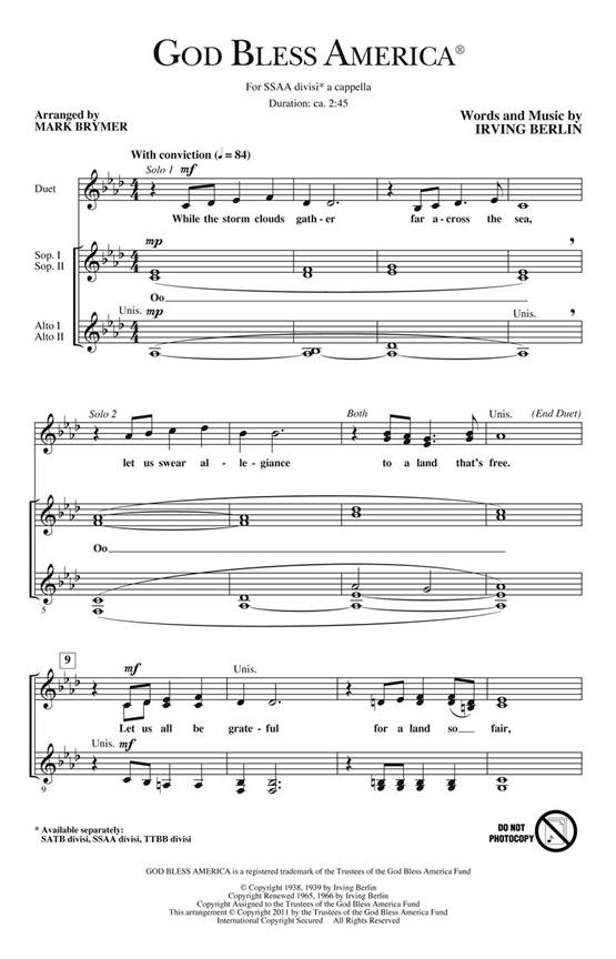 BERLIN IRVING GOD BLESS AMERICA (BRYMER MARK) SSAA DIV A CAPPELLA CHOR