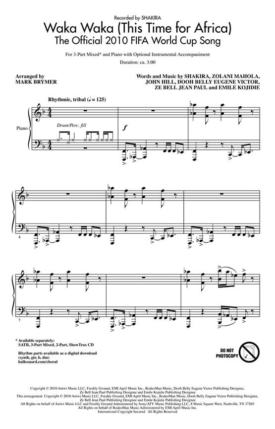 WAKA WAKA THIS TIME FOR AFRICA (BRYMER MARK) 3 PART MIXED CHORAL