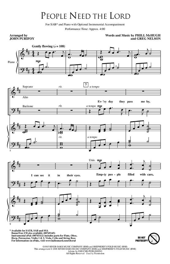 NELSON/MCHUGH PEOPLE NEED THE LORD (PURIFOY JOHN) SAB CHORAL