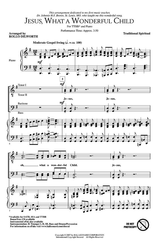 JESUS WHAT A WONDERFUL CHILD (ARR DILWORTH ROLLO) TTBB CHORAL