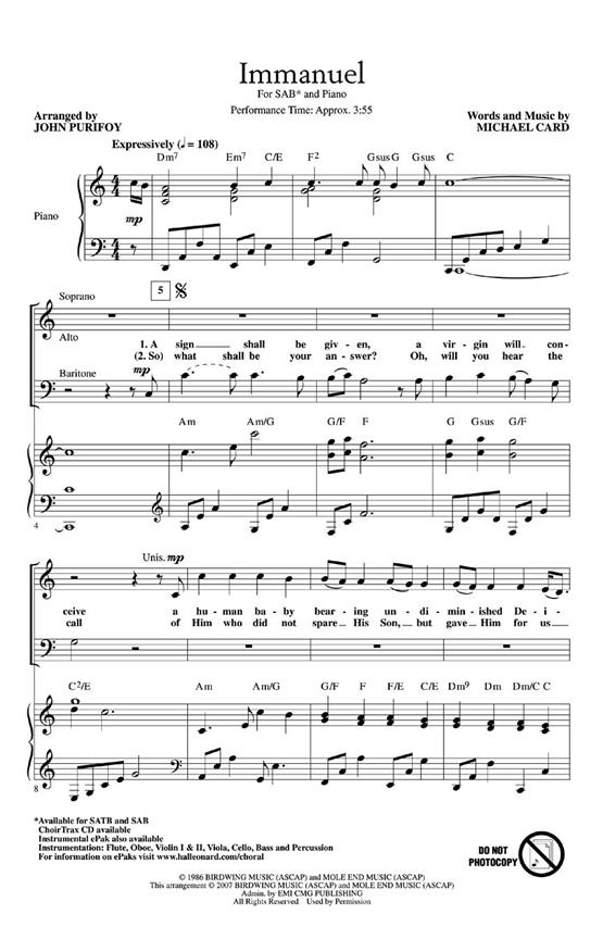 MICHAEL CARD IMMANUEL (ARR JOHN PURIFOY) SAB CHORAL SHEET