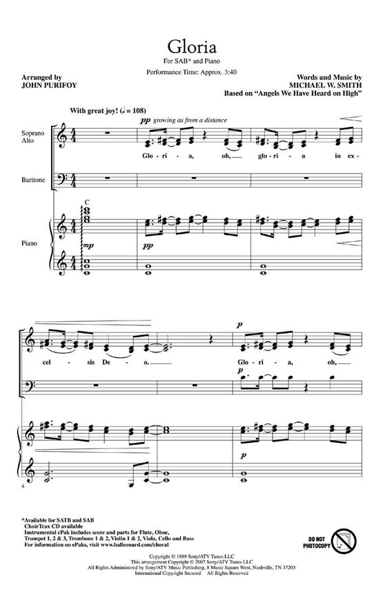 MICHAEL W SMITH GLORIA (ARR JOHN PURIFOY) SAB CHORAL SHEET