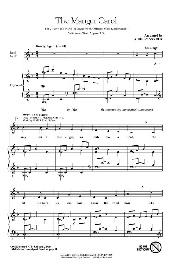 MURRAY/MCFARLAND THE MANGER CAROL (SNYDER AUDREY) 2 PART CHORAL