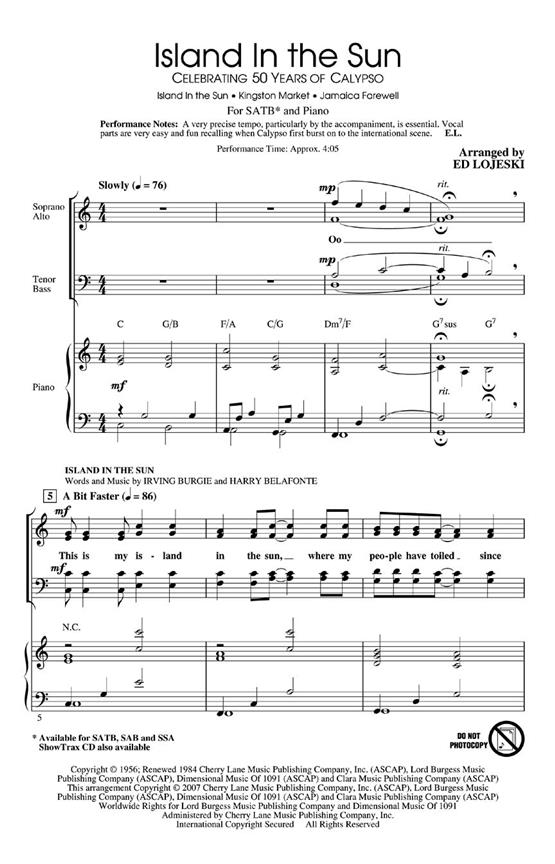 Burgie Irving Island In The Sun (Arr Lojeski Ed) Showtrax Cd