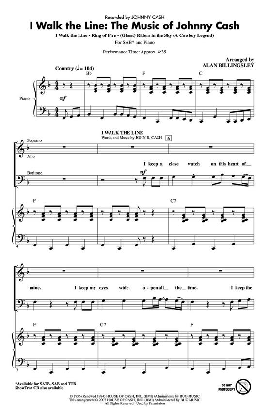 Cash I Walk The Line Music Johnny Cash Medley (Billingsley) Sab Choral