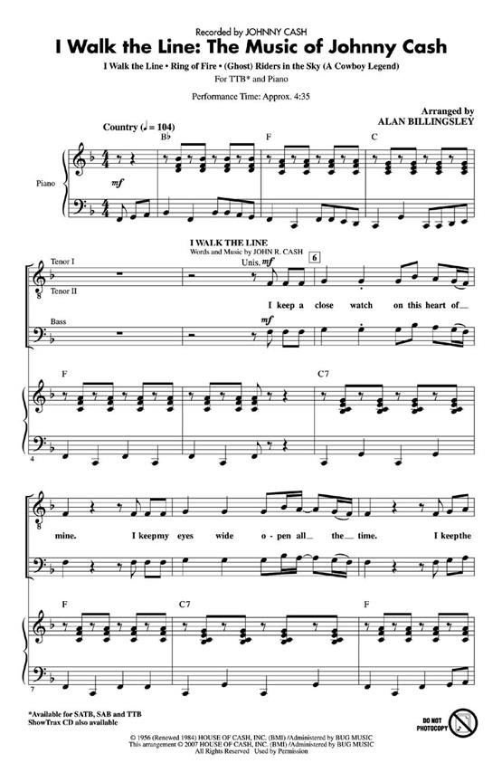 Cash I Walk The Line Music Johnny Cash Medley (Billingsley) Ttb Choral
