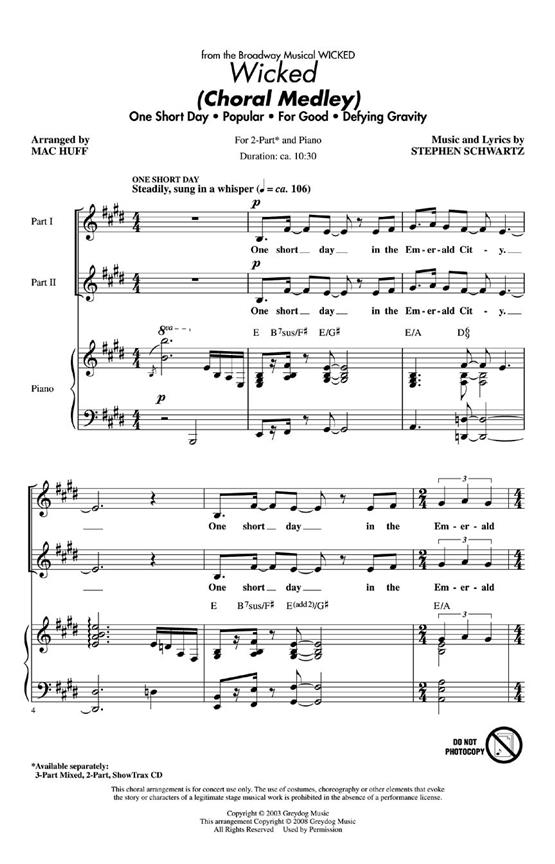 STEPHEN SCHWARTZ WICKED CHORAL MEDLEY (ARR MAC HUFF) 2 PART CHORAL