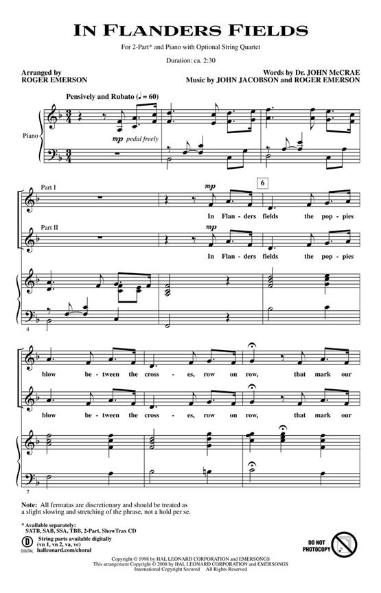 Jacobson John/Mccrae John In Flanders Fields (Arr Emerson) Showtrax Cd