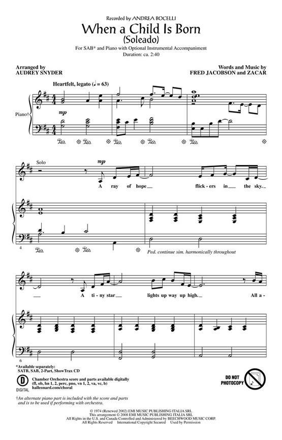 JACOBSON/ZACAR WHEN A CHILD IS BORN SOLEADO (SNYDER AUDREY) SAB CHORAL