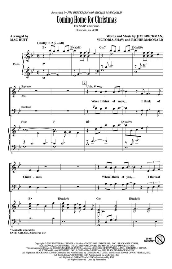 BRICKMAN JIM COMING HOME FOR CHRISTMAS (ARR HUFF MAC) SAB CHORAL