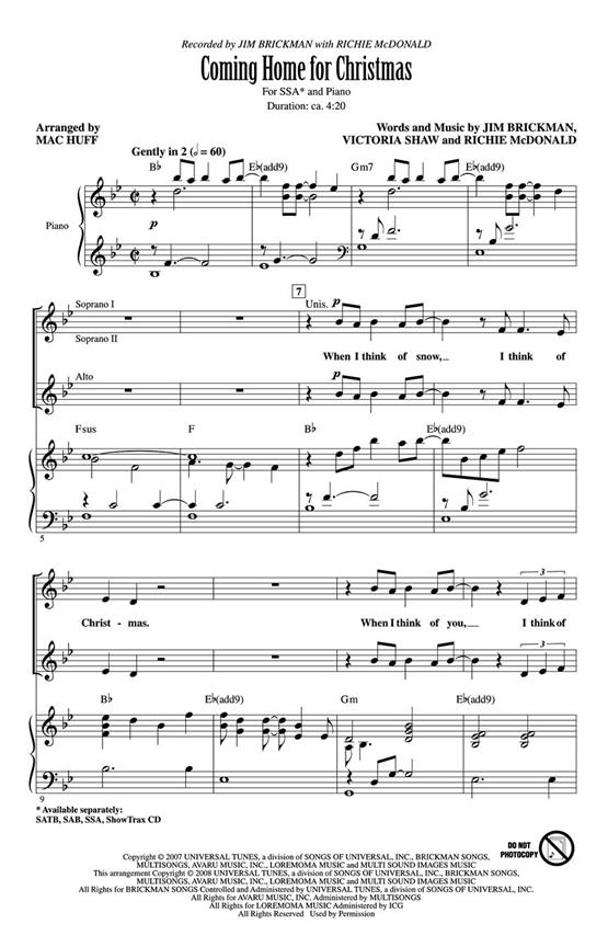 BRICKMAN JIM COMING HOME FOR CHRISTMAS (ARR HUFF MAC) SSA CHORAL
