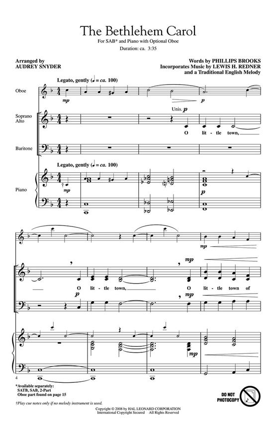 THE BETHLEHEM CAROL (ARR AUDREY SNYDER) SAB CHORAL