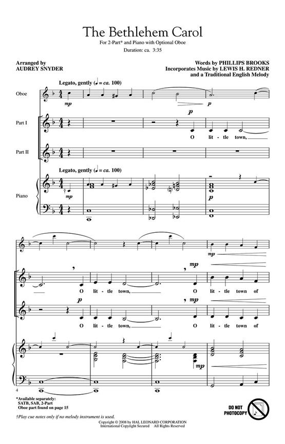 THE BETHLEHEM CAROL (ARR AUDREY SNYDER) 2 PART CHORAL SHEET