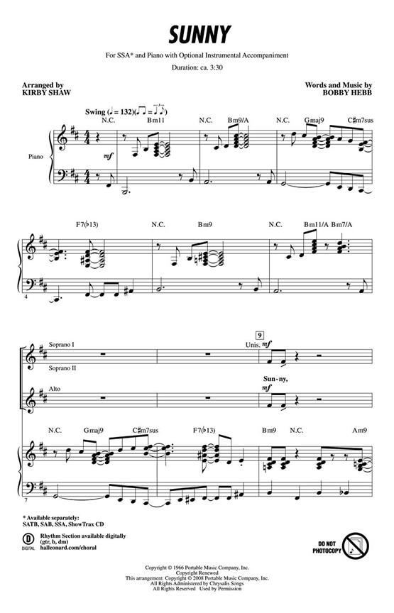 Hebb Bobby Sunny (Arr Shaw Kirby) Ssa Choral
