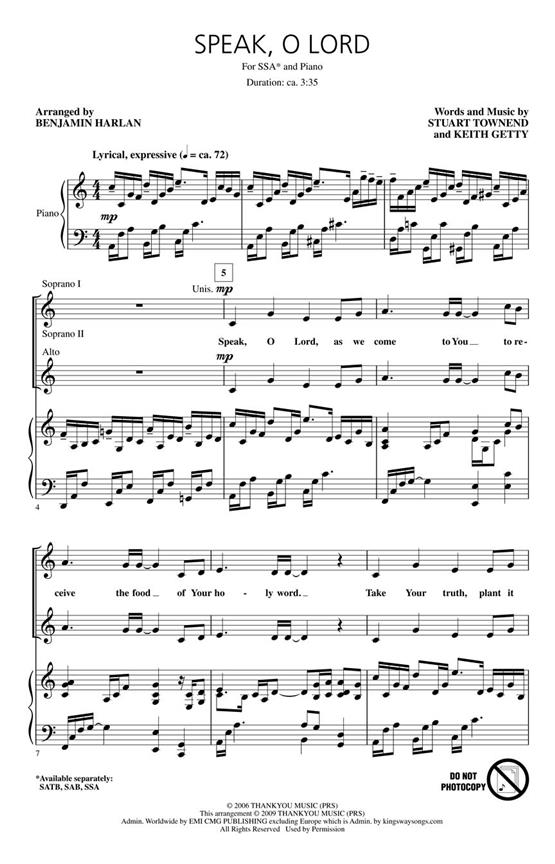 TOWNEND STUART/GETTY KEITH SPEAK O LORD (HARLAN BENJAMIN) SSA CHORAL