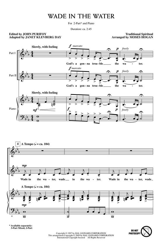 WADE IN THE WATER (ARR MOSES HOGAN) 2 PART CHORAL SHEET