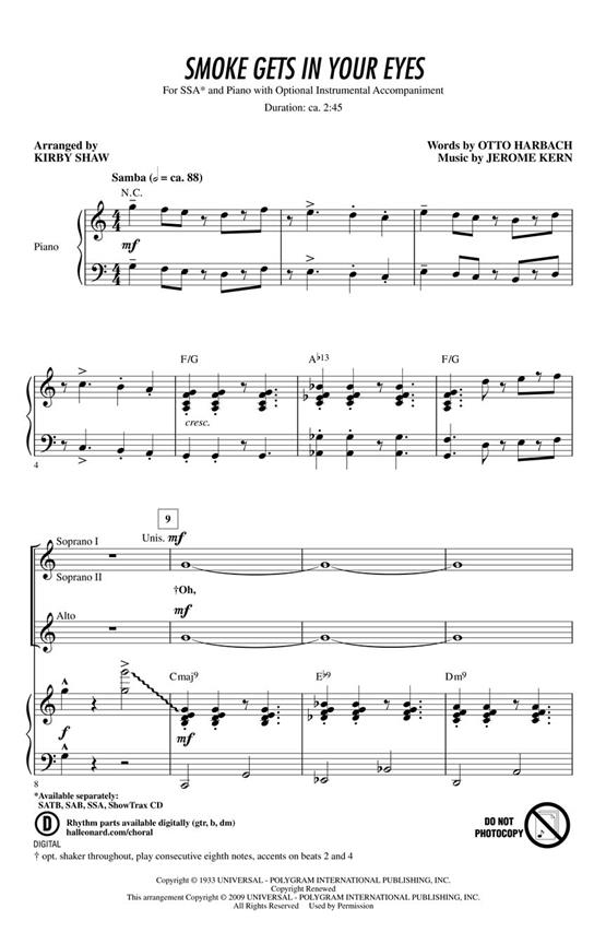 JEROME KERN SMOKE GETS IN YOUR EYES (ARR KIRBY SHAW) SSA CHORAL