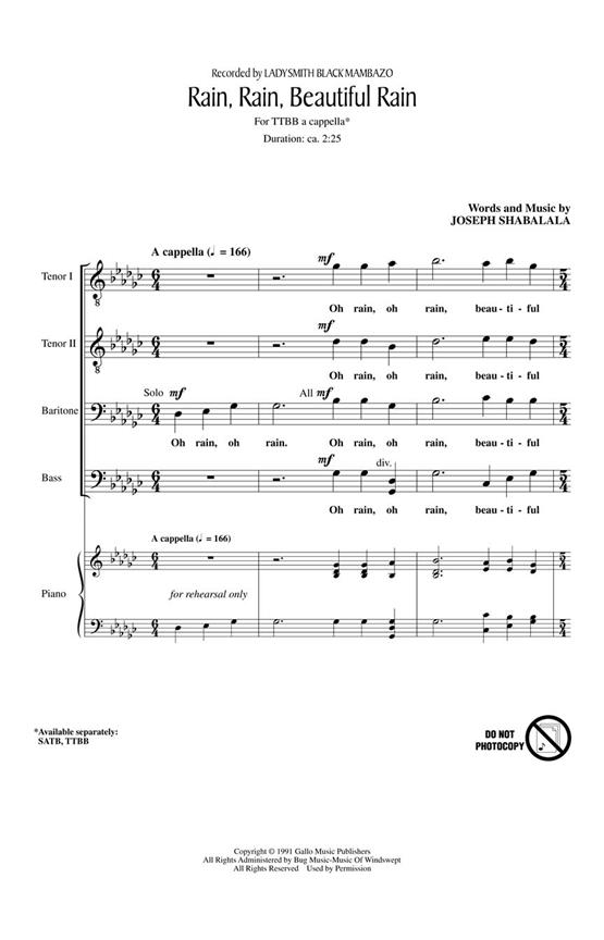 SHABALALA JOSEPH RAIN RAIN BEAUTIFUL RAIN TTBB A CAPPELLA CHORAL