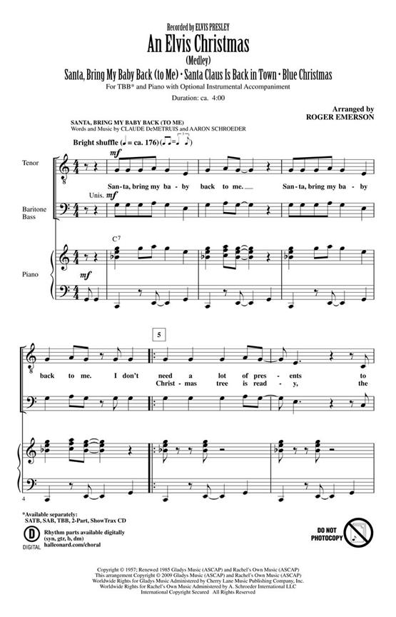 PRESLEY ELVIS AN ELVIS CHRISTMAS MEDLEY (EMERSON ROGER) TBB CHORAL