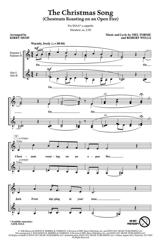 Torme/Wells The Christmas Song Chestnuts Roasting (Shaw) Ssaa A Capp