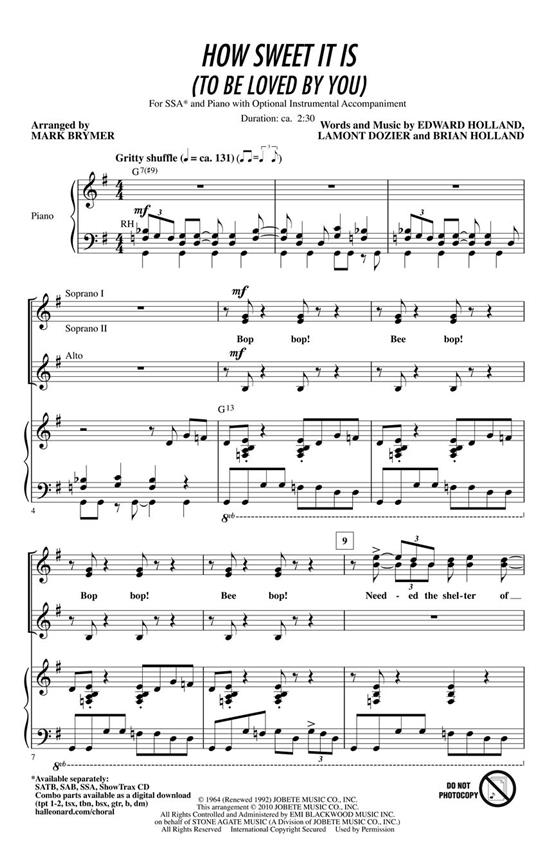 HOW SWEET IT IS TO BE LOVED BY YOU (BRYMER MARK) SSA CHORAL