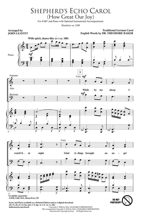 Shepherd's Echo Carol How Great Our Joy (Arr Leavitt John) Sab Choral