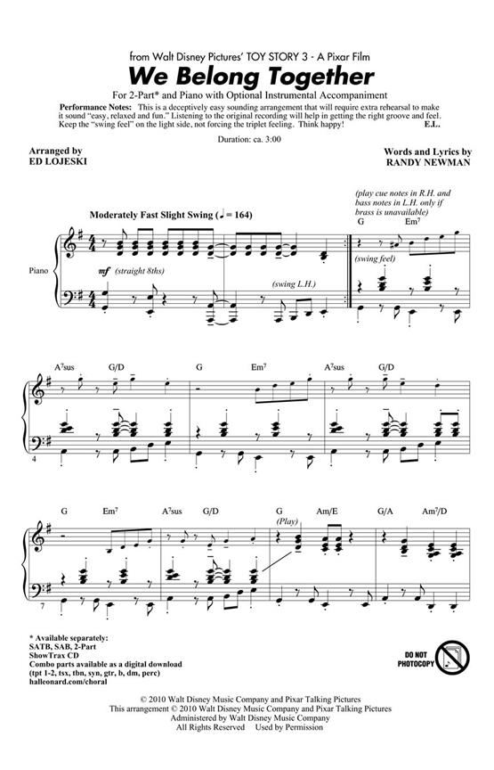 NEWMAN RANDY WE BELONG TOGETHER TOY STORY 3 (LOJESKI ED) 2 PART CHORAL