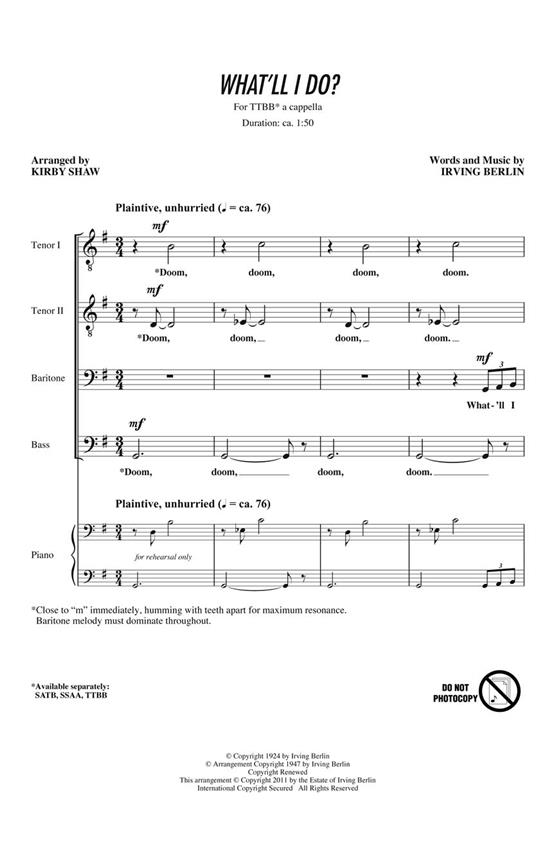 BERLIN IRVING WHAT'LL I DO (SHAW KIRBY) TTBB A CAPPELLA CHORAL